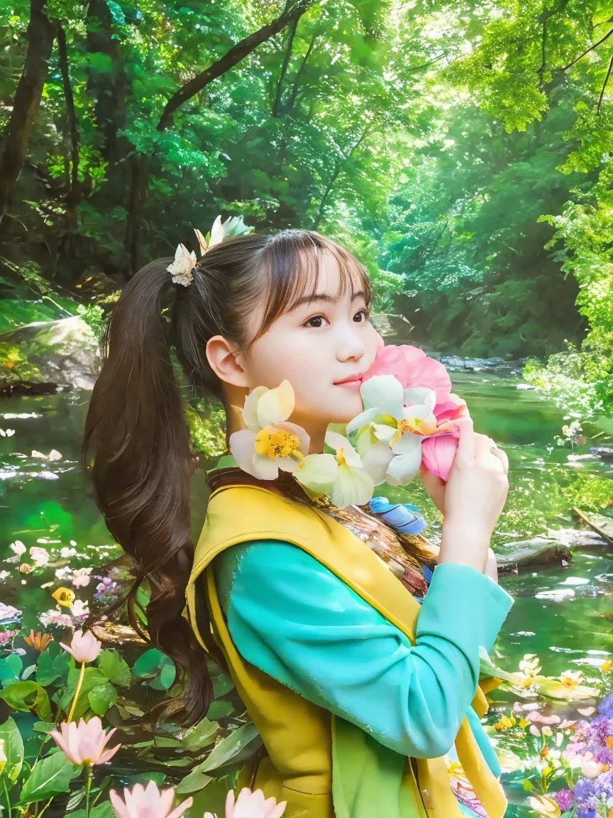 girl in a forest with floating flowers, river, puffy, puffy cheeks, cute,
vibrant colors, colorful art style,
soft lighting, soft shadows, detailed textures, dynamic lighting,
nice hands, perfect hands,