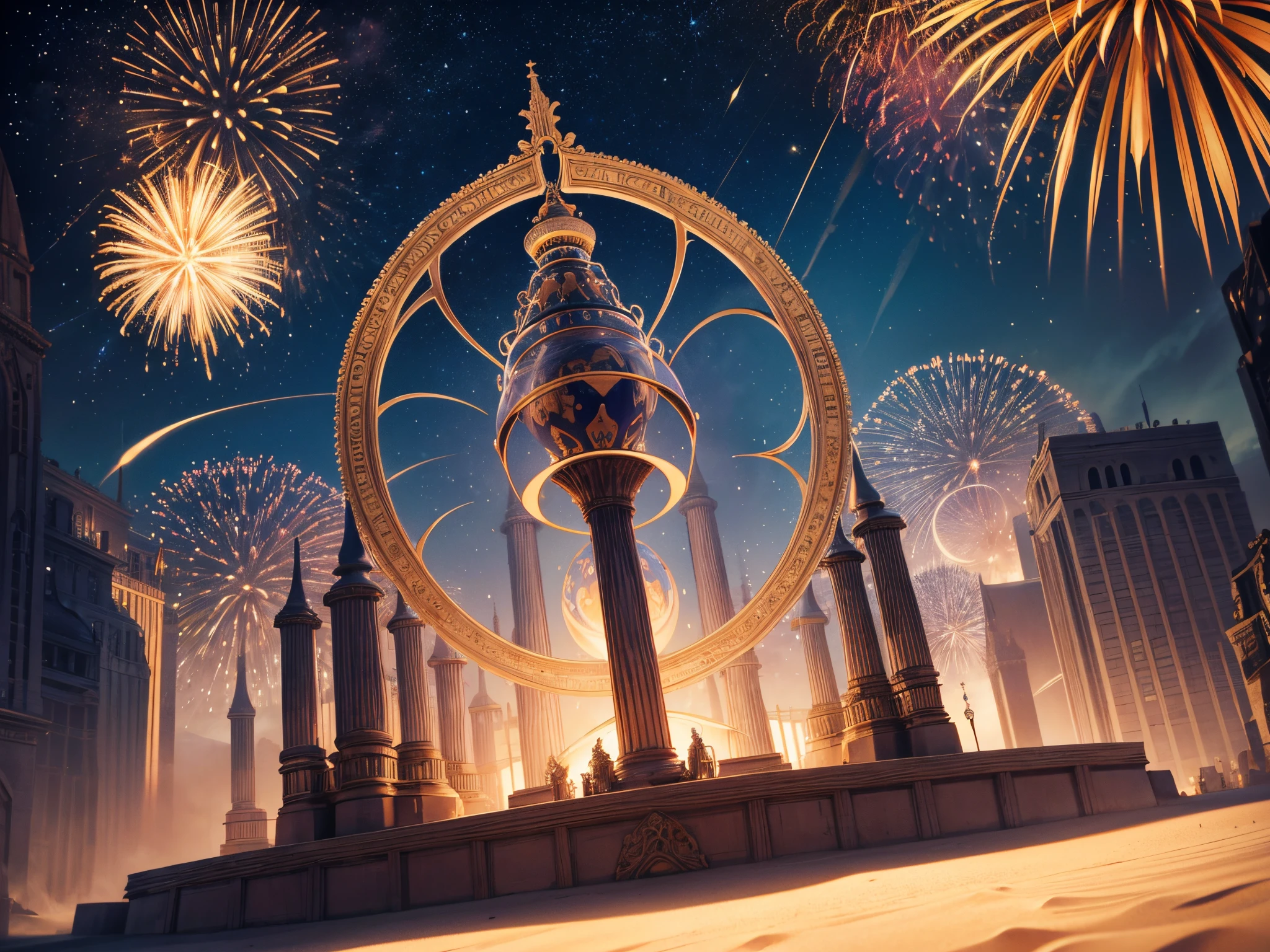 Picture a colossal hourglass in the sky, its sands replaced by 3D fireworks that cascade down, accompanied by fractal swirls representing the sands of time.