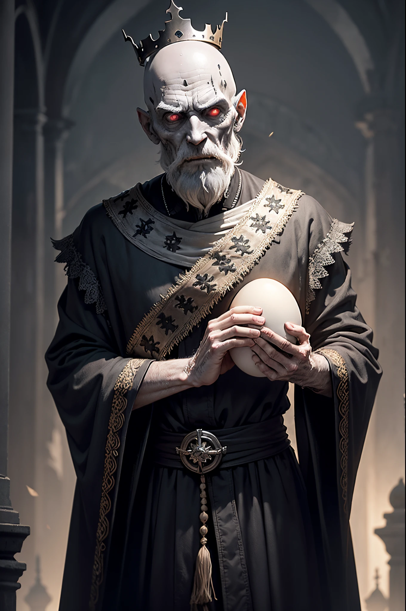 Withered tall pale skinny old man(sunken cheeks, empty eye sockets, rare gray beard, long sparse gray hair, on the half-bald head there is a crown with sharp teeth, dressed in black majestic princely robes, holding a chicken egg in his hand )There is a rich decorated chest nearby, around a gloomy old dusty stone castle, Obscurity, Horror, terror, death