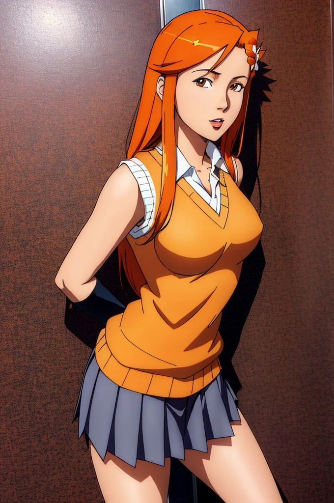 (best quality, ultra detailed, masterpiece), inoue orihime, orange hair, long hair, gray eyes, school uniform, hair ornament, thight sweater vest, pleated skirt, detalied background, school background, looking at the viewer, arcane style, big breast