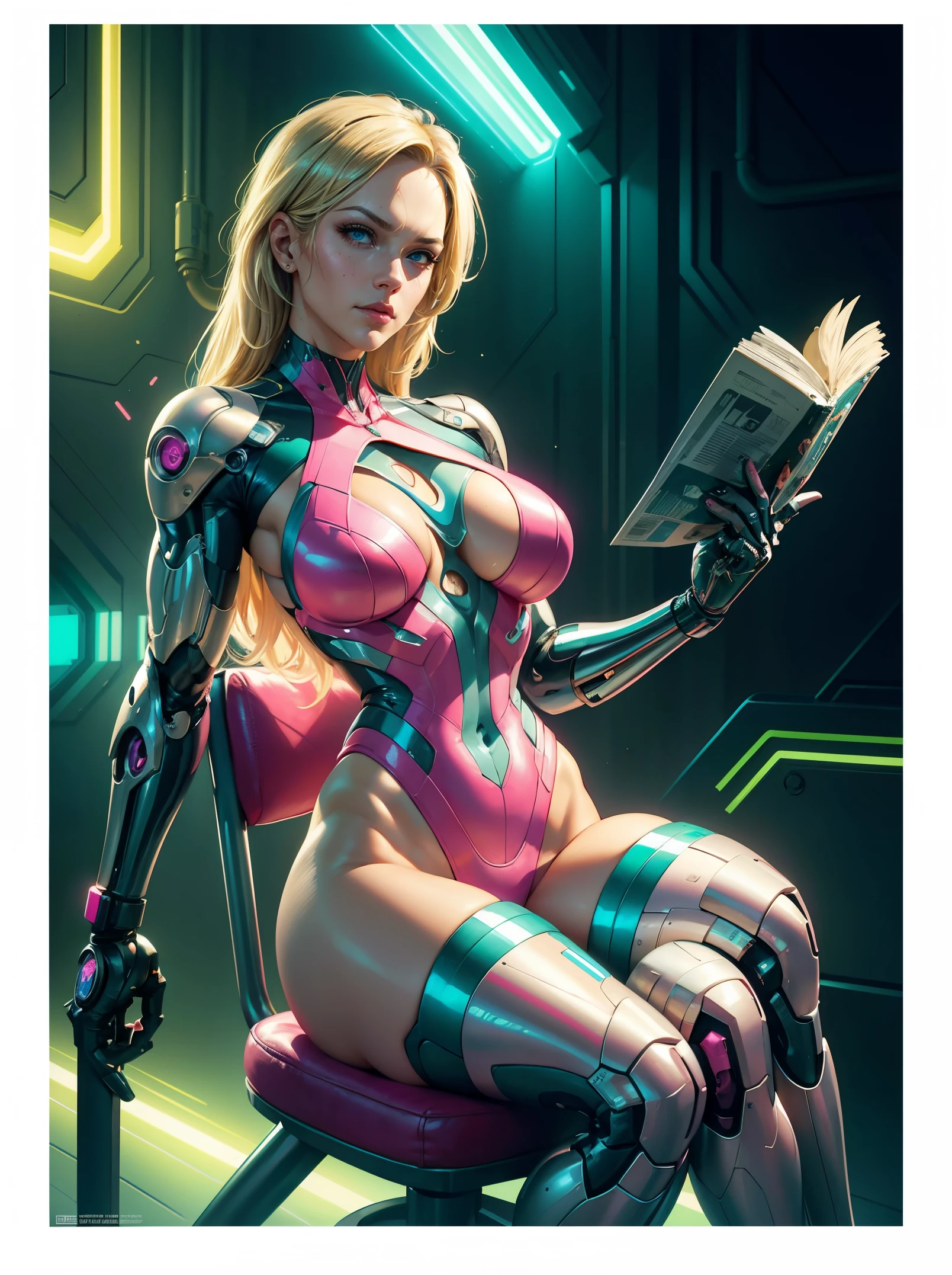 Alexis Texas 25 anos, blonde hair, as a bodybuilder cyborg with bionic parts in your body, cyberpunk swinsuit, pink-white-lime green, reading a magazine leaning on your crossed legs on the futuristic chair, futuristic lab, blueprint, photostudio composition, digital art, illustration concept art in the style of Artgerm and Adam Hughes