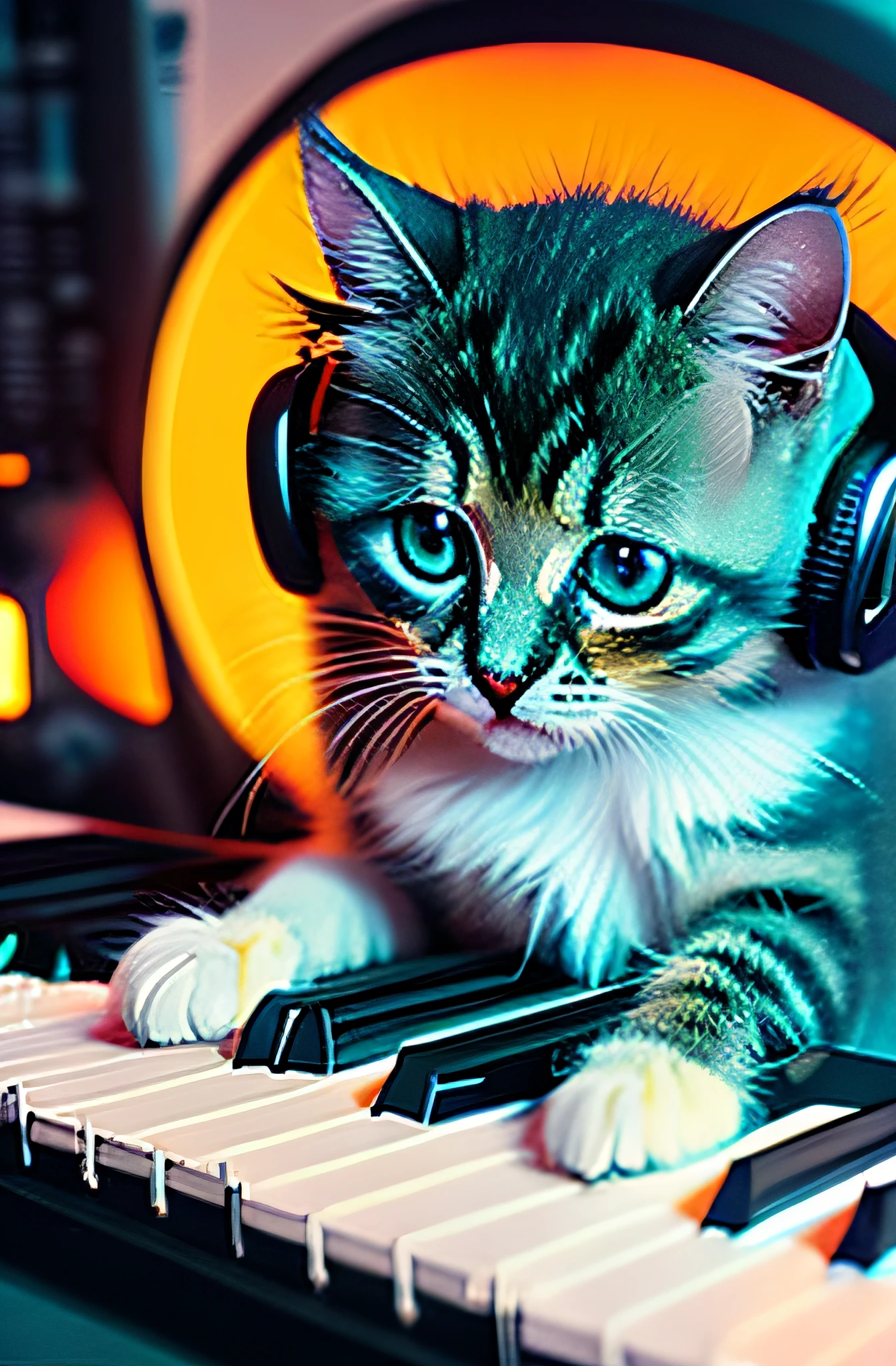 8k, Young chaton très mignon with the poils black and orange, très moelleux et un grass, Round head, yeux turquoise, confus, jouer au synthesizer, earpiece. subdued light.