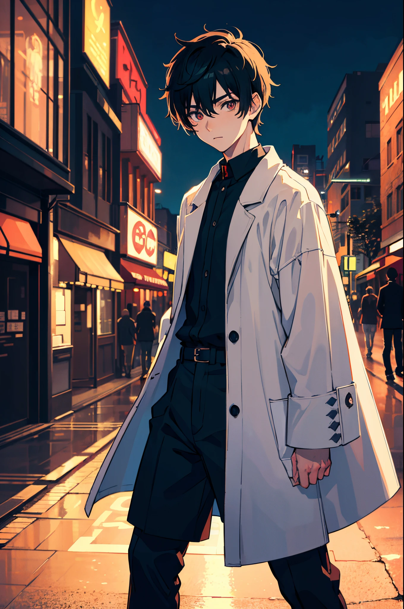 A boy, transformed into an anime style, with exaggerated unique facial features and clothing, standing on a bustling city street, backlit background highlighting the subject, high-contrast colors, 4K high-definition quality，young, calm, handsome