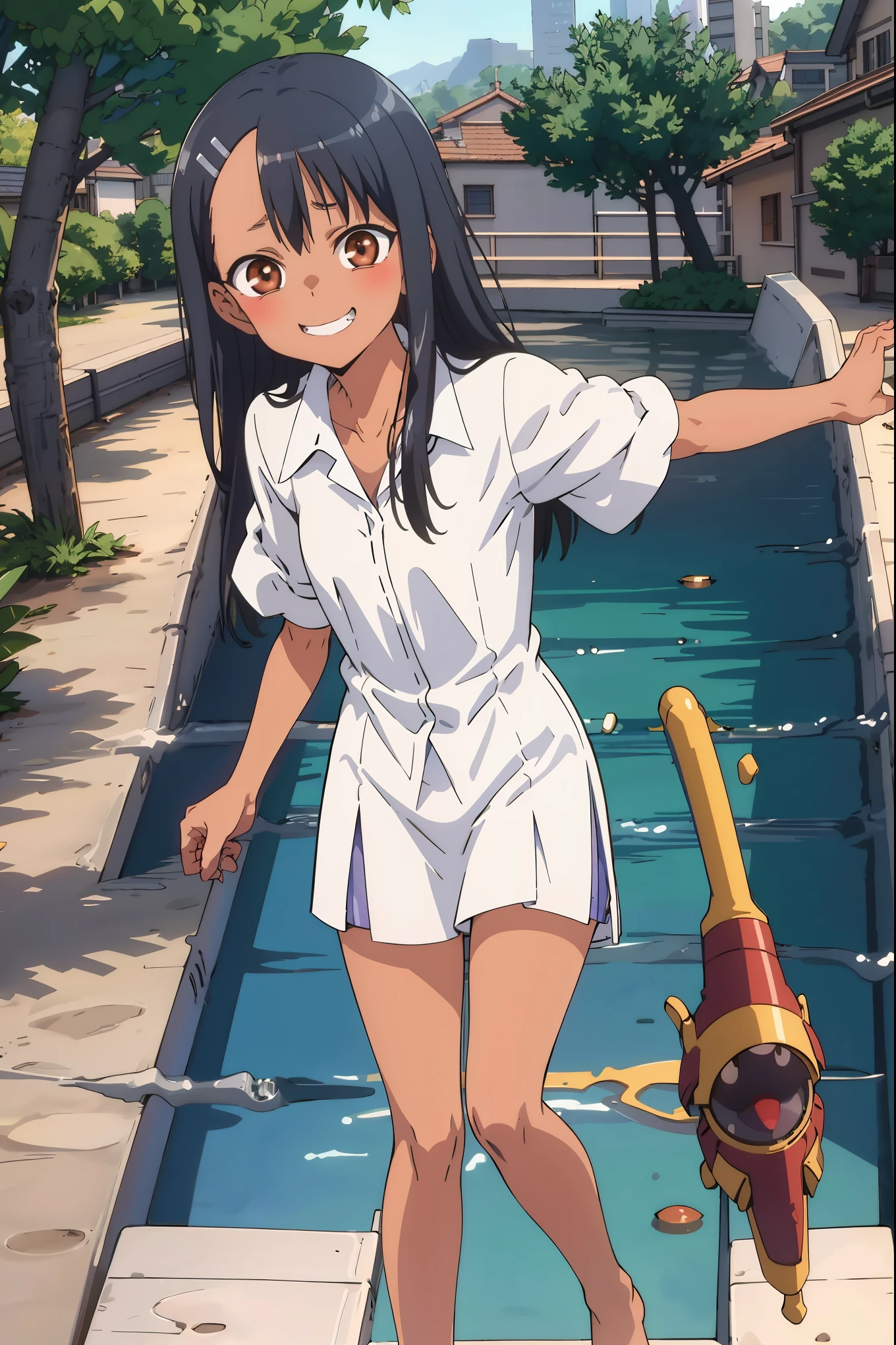 HDR, CG, sharp focus, (8k), (4k), masterpiece, best quality, sharp focus, extremely detailed, intricate, hyper detailed, nagatoro hayase, brown eyes, black hair, bangs, long hair, dark skin, hairclip, blue swimsuit, barefoot, standing, arms behind body, looking at viewer, outdoors, pool, evil grin