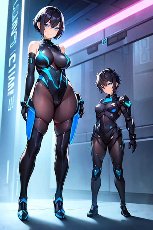 1girl, breasts, large breasts, black hair, very short hair, pixie cut, tomboy, boyish, blue eyes, bodysuit, black bodysuit, blue trim, science-fiction, futuristic, tech, neon trim, neon, smile, full body, ((full body)), pantyhose, black pantyhose, hourglass figure,