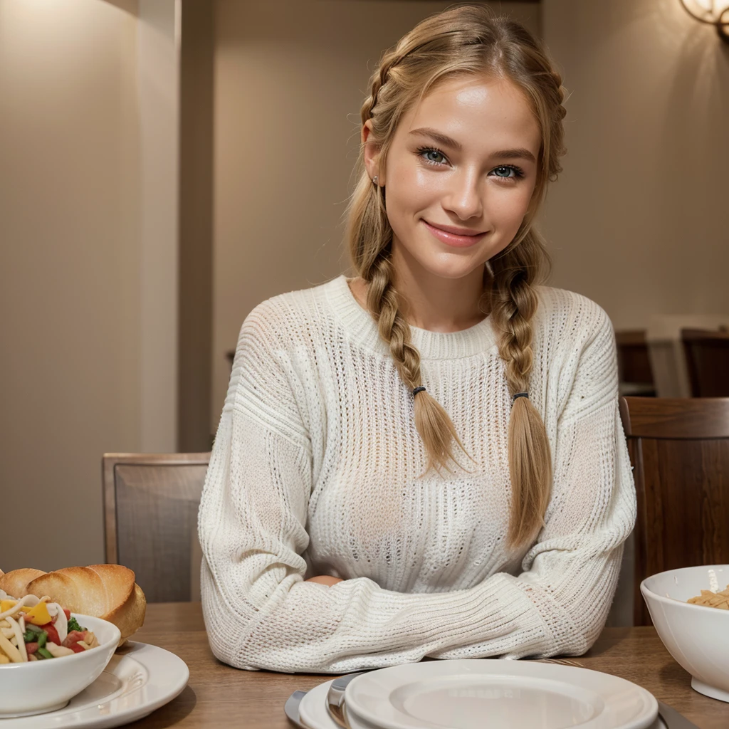 Nikon Z 85mm, Beautiful, one Petite 20-year-old elegant high-class supermodel, ((blond hair)), Bright gray eyes, ((High detailed skin, Skin Details)), Sharp Focus, 8K UHD, Digital SLR, High quality masterpiece, gorgeous russian face, (((smiling liking lips looking at food on plate))), photo realistic, ((wearing beautiful white sweater)). Beautiful braids. Sitting at a dining table with food at a restaurant at night.Warm tone atmosphere