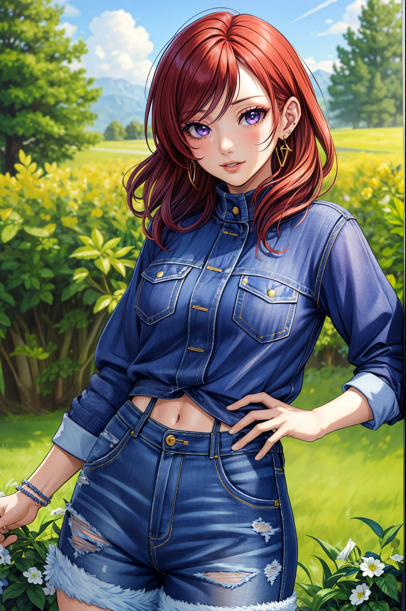 (Masterpiece, Best Quality, High Quality:1.4), professional artwork, well drawn, Intricate Details, field of view,
Nishikino maki, race background, afternoon, 
Red hair, lipstick, makeup, ultra detail hair, ultra detail face, perfect eyes, perfect face, earring, purple eyes, Looking at Viewer, flirting, one hand on hip,
Tight short denim shorts, crop jacket, sweater.