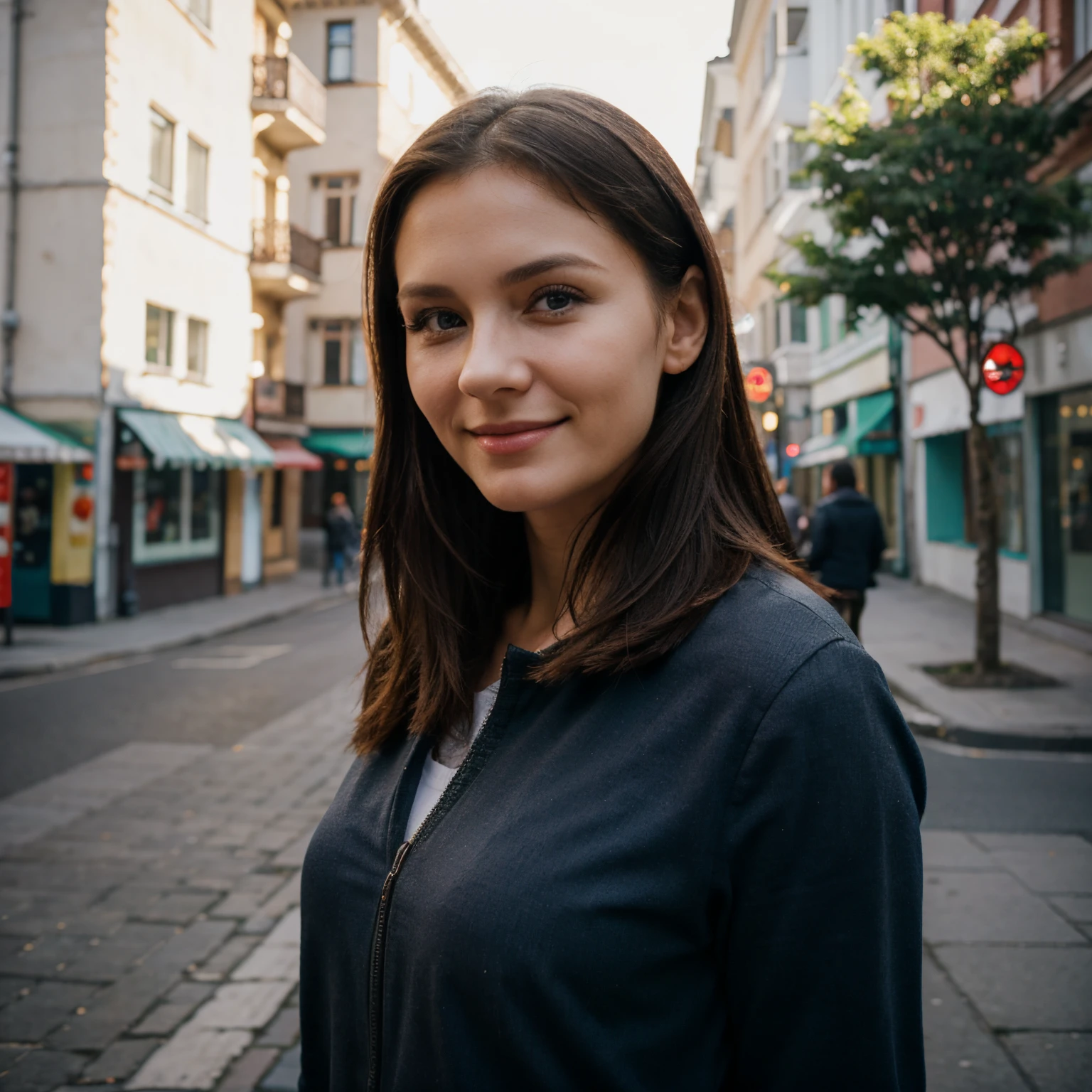 casual side closeup head photo on 24mm lens of Russian woman of 35 years old with gentle smile as she walking down the street