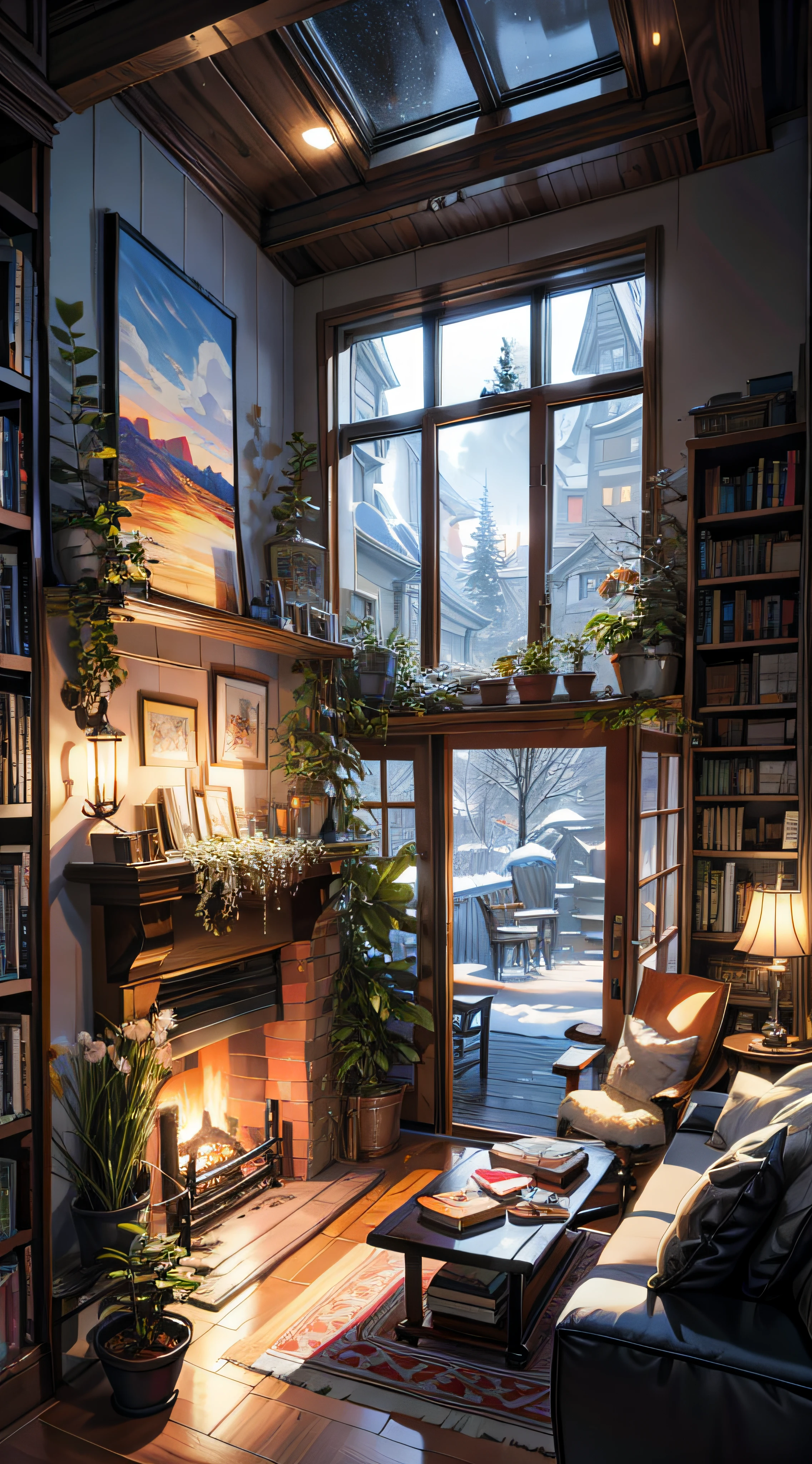painting of a canada montreal living room, beautiful snowy view, big window, fireplace,sofa,quill,book,rugbeautiful calm lofi vibe,bushes,flowers, residential area,golden hour, snowy night,dusk,4k hd, cloud,beautiful art uhd 4 k, a beautiful artwork illustration, beautiful digital painting, highly detailed digital painting, beautiful digital artwork, detailed painting 4 k, very detailed digital painting, rich picturesque colors, gorgeous digital painting