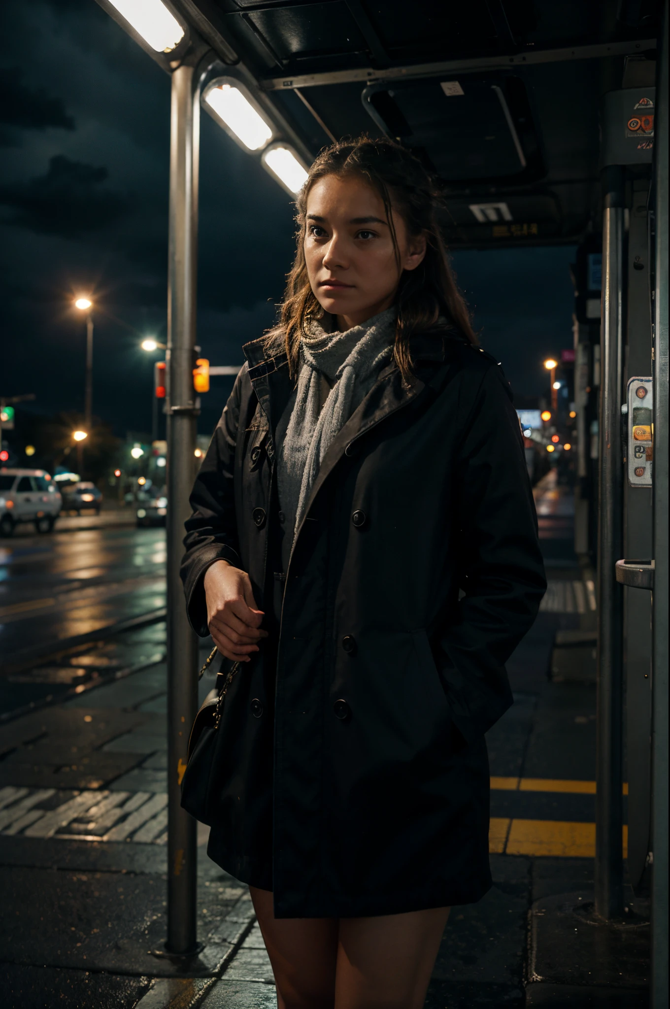 A girl standing on the bus stop in stormy night waiting for bus