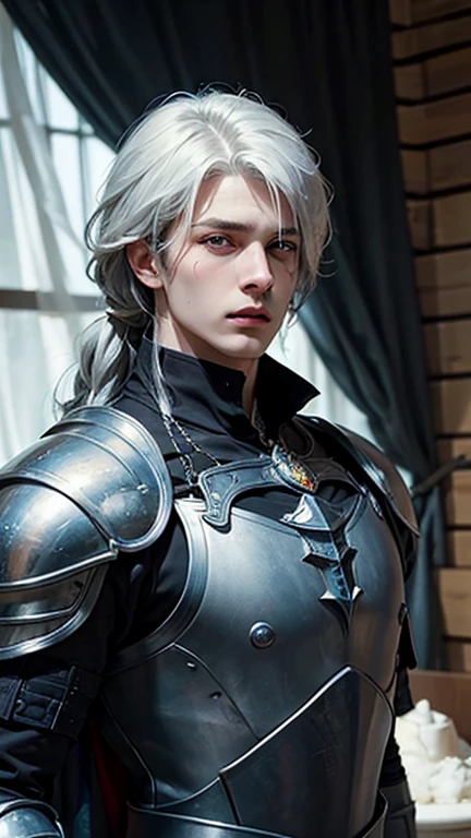 (More than half body), 1man, white hair, a knight, a little stern, solo focus masculine face, vivid blue eyes, large faded scar over left eye, hyper realistic, curtain hairstyle, heroic, black armor, frost forest, realistic, dynamic pose realistic, detailed and correct facial structure, blades ornaments, johan liebert mixed with dante, handsome, attractive, slightly muscular, looks like actor Taz Skylar, cinematic lighting, unreal engine, trending on ArtStation, intricate details,  masterpiece, best quality,(((best quality))),(((ultra detailed))),(((masterpiece)))