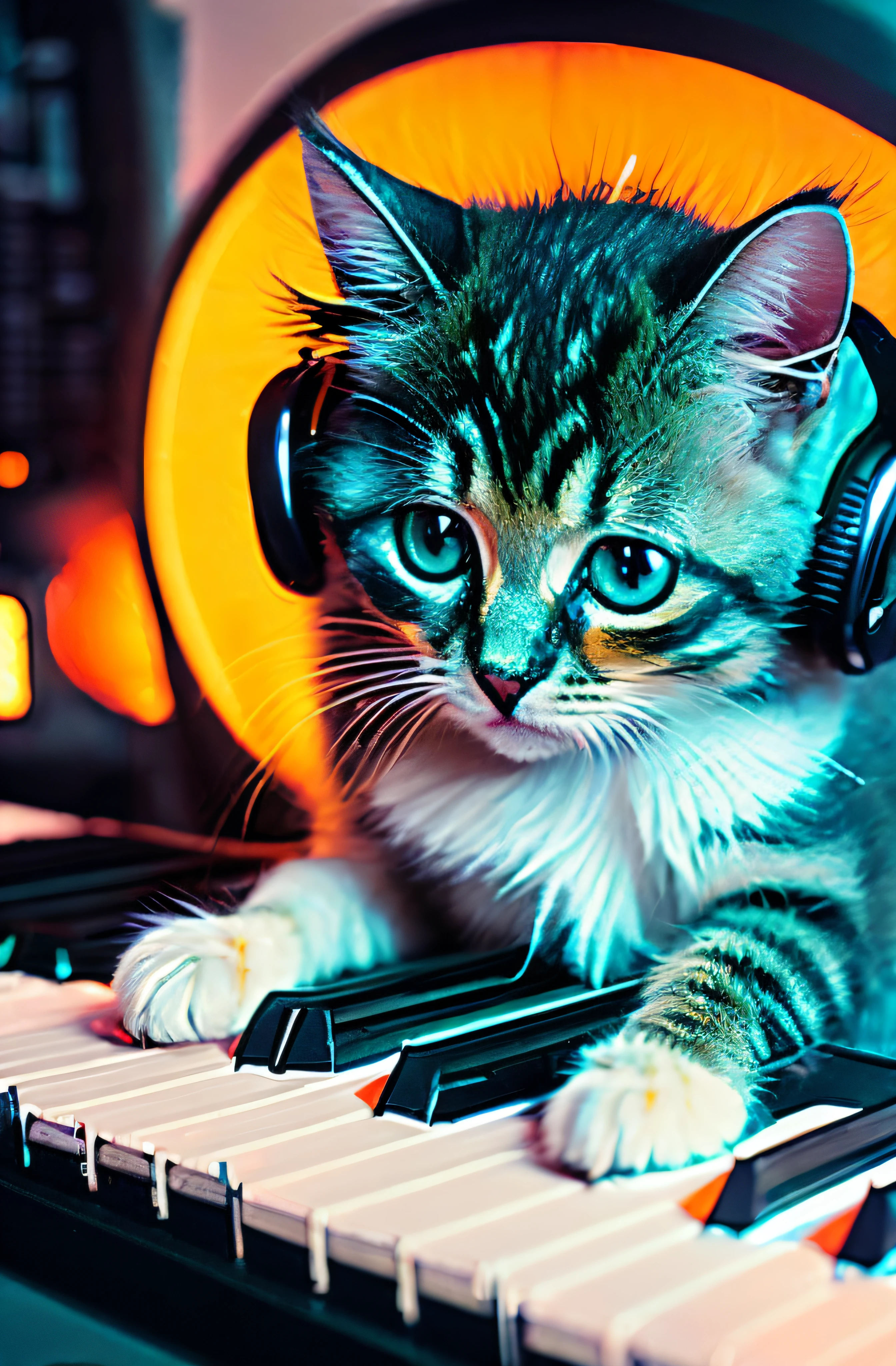8k, Jeune chaton très mignon aux poils blacks and oranges, très moelleux et une herbe, Round head, yeux turquoise, confus, jouer au synthesizer, earpiece. subdued light.