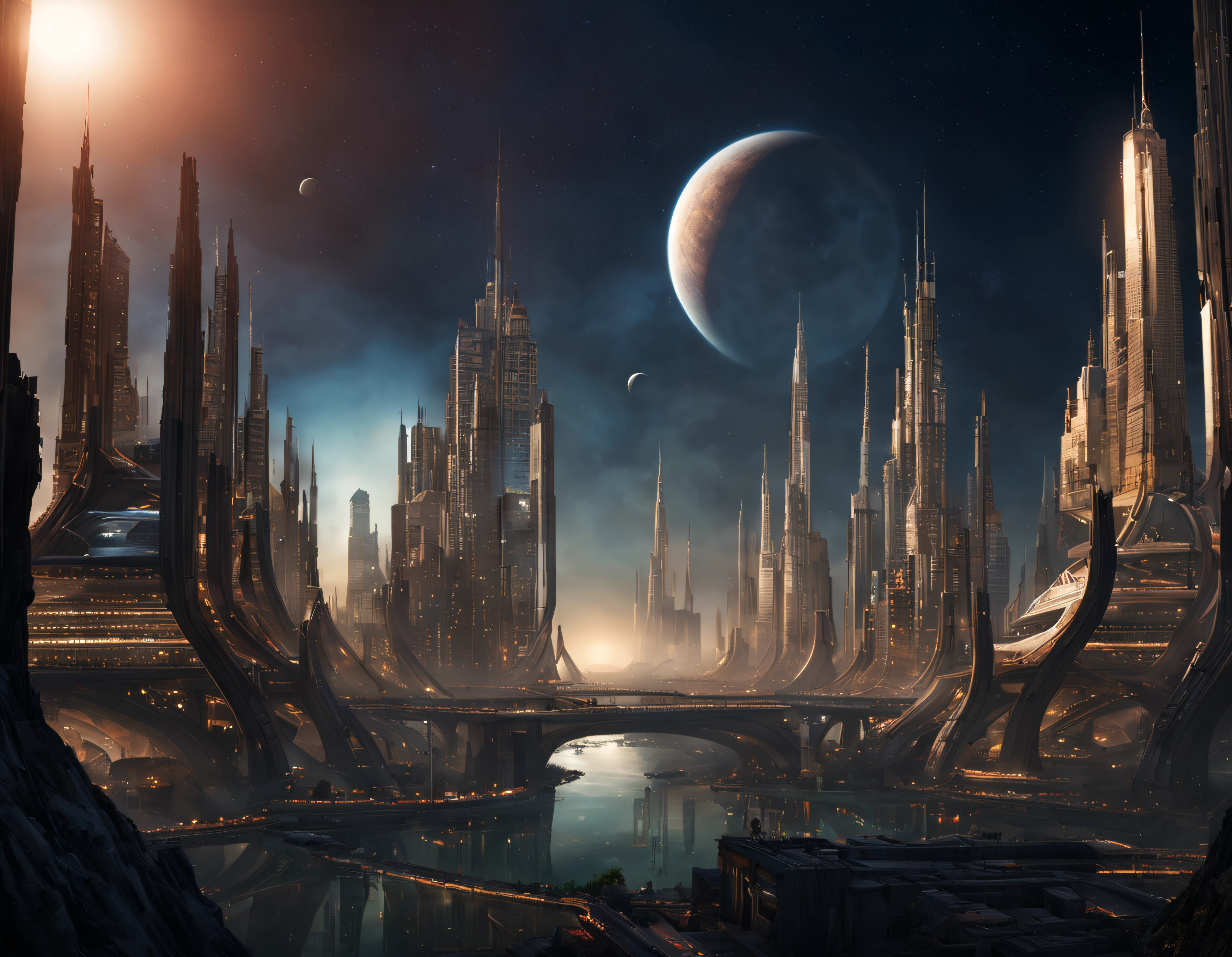 tripulantes de una nave intergalactica minera se posiciona en un planeta, con un nucleo urbano muy antiguo, pero con un pasado claramente tecnologico, con inmensos edificios en un pesimo estado de conservacion y completamente deshabitada. dos tripulantes inspeccionan la ciudad en un ambiente lugubre y iluminado por luz lunar, todo esto en un entorno de ciencia ficcion de primer nivel, ,todo lleno de imaginacion,ciencia ficcion y (intrincados detalles de la maquina).imagen fotorrealista,nitidez maxima, calidad 8k.(obra maestra de calidad superior).(renderizado 3d). obra maestra de superior calidad.