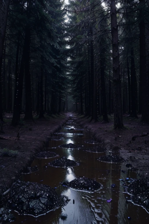 3D Dark purple forest, dark purple-black clay on the ground, iodine, dark rocks, rains, night, depth, iodine crystals, puddles of water, alien forest, fiction
