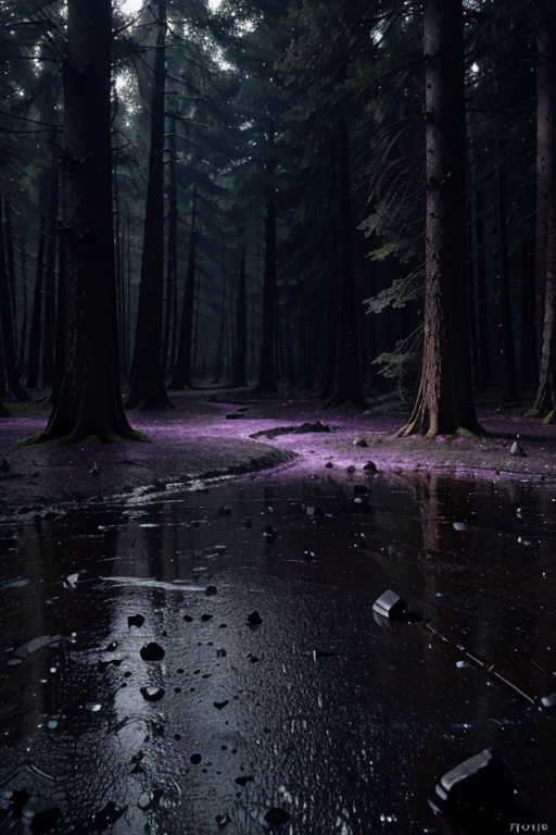 3D Dark purple forest, dark purple-black clay on the ground, iodine, dark rocks, rains, night, depth, iodine crystals, puddles of water, alien forest, fiction