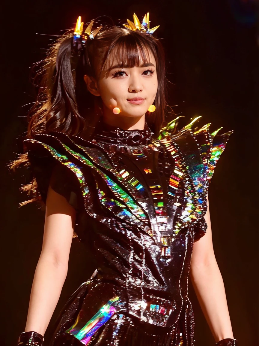 from below, finest image, (8k, RAW photo, realistic), beautiful devil queen, condescending gaze, blue shining sharp slit eyes, long eyelashes, double eyelids, crimson alluring moist big thick lips, abs, long skirt, slender, perfect proportion, iridescent big rainbow-colored wings, has a fireball, black lace robe, black body painting suit and gold tattoos, blurry background fantasy, galaxy, iridescent light particles, iridescent lines, rainbow-colored neon lights, detailed and delicate depiction, professional lighting