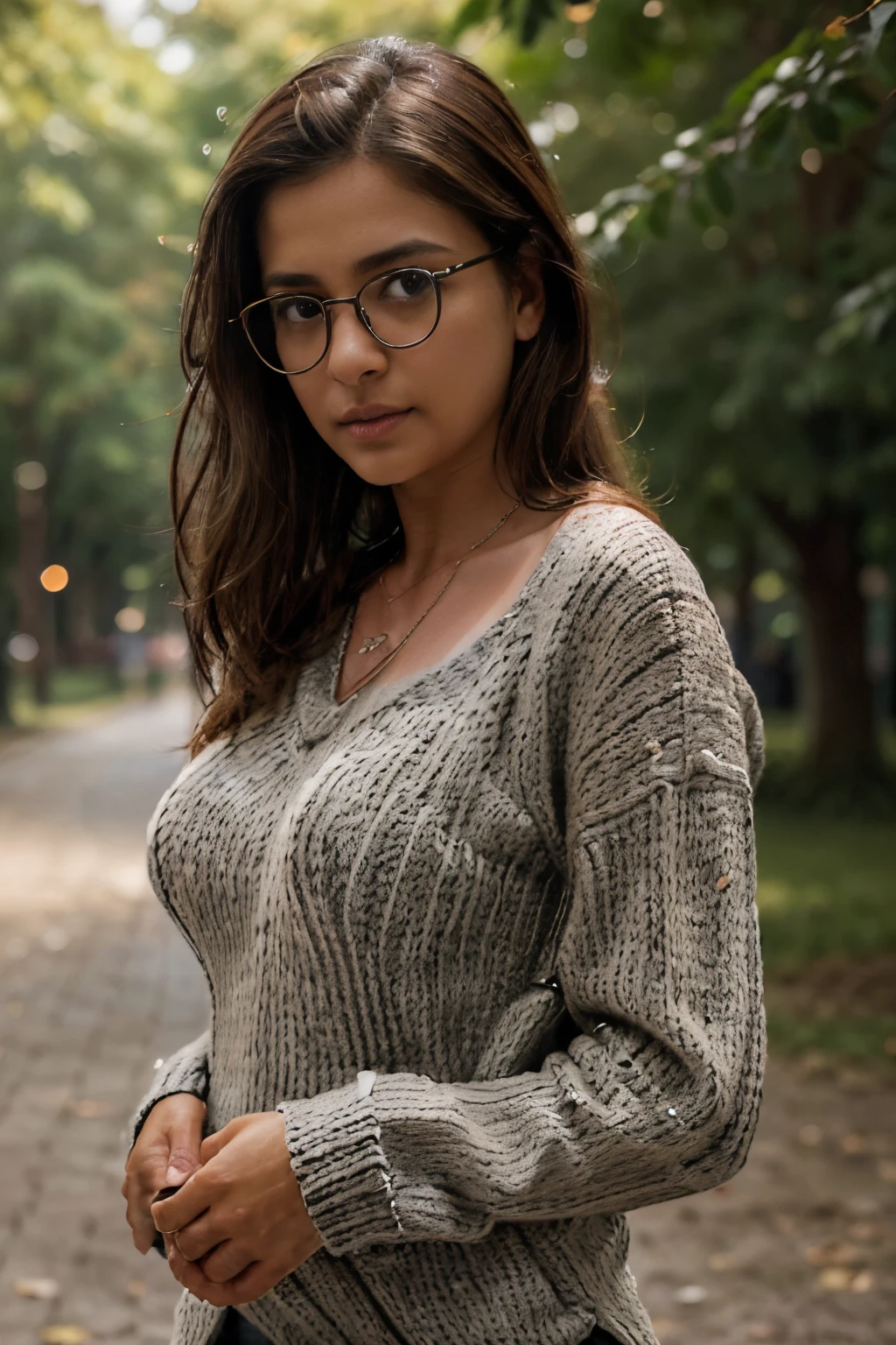 arafed woman with a necklace, long brown hair, RAW photo, bokeh (realism: 1.4, realistic), high detail CG unified 8K wallpaper, 1girl, ((toned body: 1)), (large breast: 1), ((leaning, front-side angle view)), (HQ skin: 1.4), 8k uhd, dslr, soft light, high quality, film grain, Fujifilm XT3, ((fully clothed, low neck-line sweater:1.5)), ananya pandey, portrait,((brown hair, large breast:1.2)),(at a park, reading a book. wearing spectacles: showing off her spectacles 1.4),(half body:1.8)