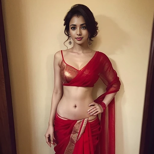 a woman in a red sari posing for a picture, featured on instagram, seductive, angular, hot, sexy
