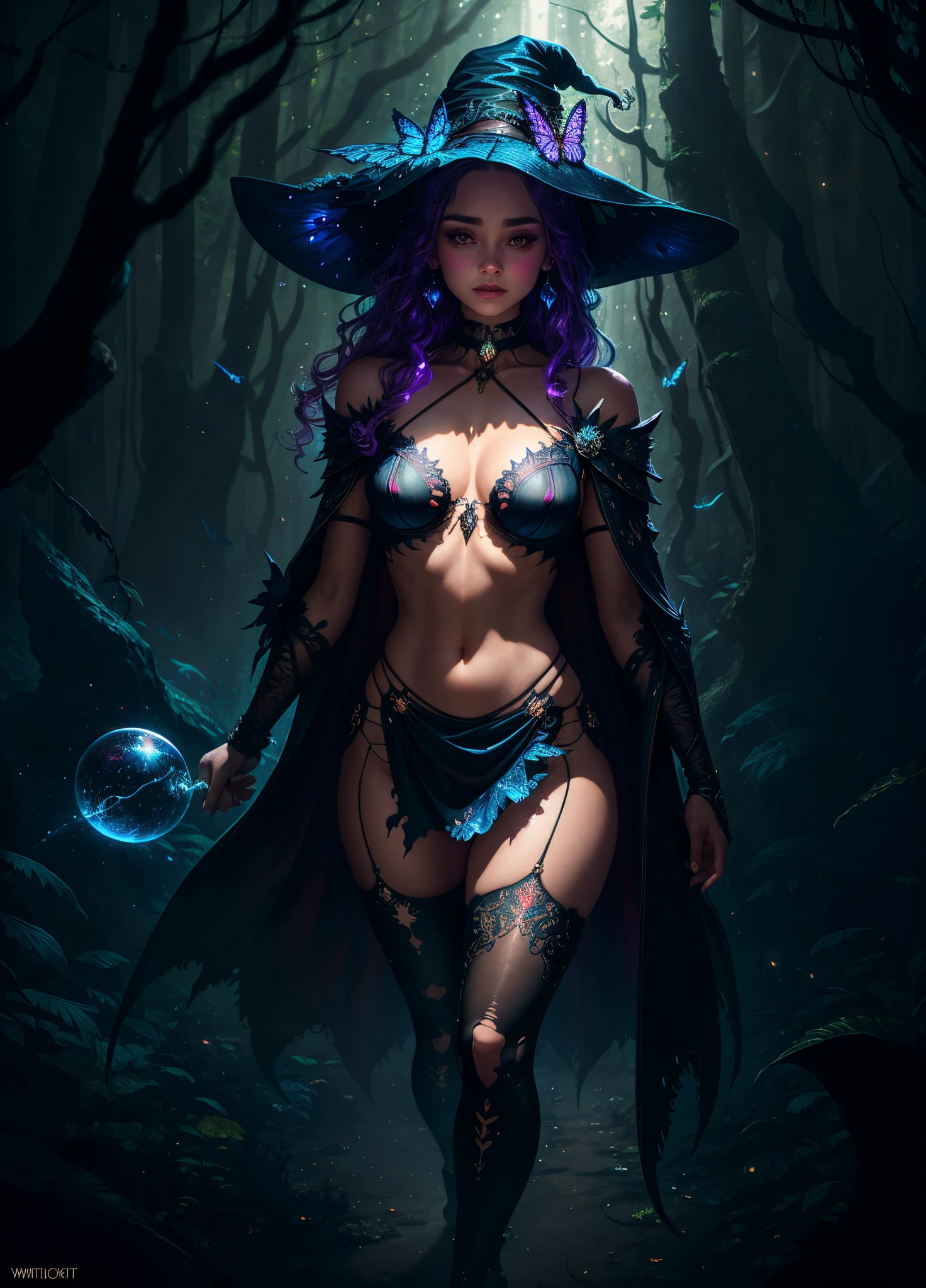 sexy full shot body photo of the most beautiful artwork in the world, illustration, cinematic light, fantasy, highres, highest quallity, ultra detailed,  best quality, masterpiece, (detailed face), sexy mature woman wears a shirt and (torn) fullbody (transparent galaxy) cloths coat, floating cloth, choker, glowing (elder underworld fantasy) forest plants with neon details, open shoulders, tiny glowing butterfly, hair jewery, wearing a torn witch hat, (focus on body:1.25), night, small mutated animals in background, torn mini skirt ,a potion on hip, shoulder pads emitting magic energy, cameltoe, dark, light reflection