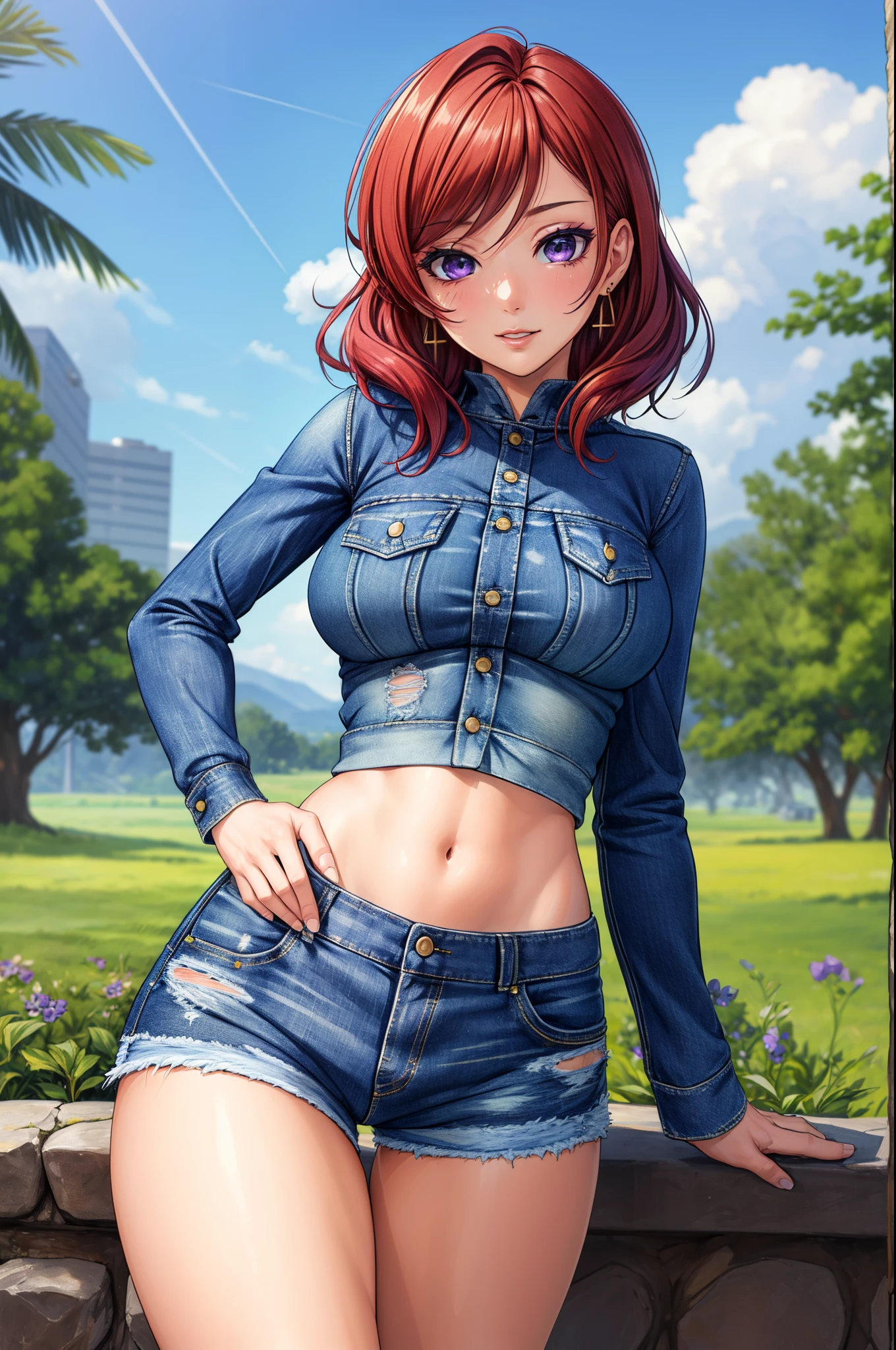 (Masterpiece, Best Quality, High Quality:1.4), professional artwork, well drawn, Intricate Details, field of view, pov, from below 
Nishikino maki, race background, afternoon, 
Red hair, lipstick, makeup, ultra detail hair, ultra detail face, perfect eyes, perfect face, earring, purple eyes, big breasts,Looking at Viewer, flirting, one hand on hip,
Tight short denim shorts, crop jacket, sweater.