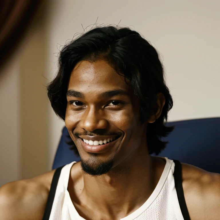 Slim face african american man who looks like a basketball player and is skinny has a goat beard and small dark eyes smiling flirting his nose looks like adam drivers nose