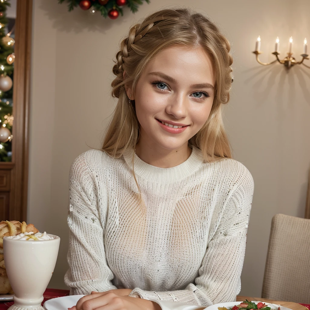 Nikon Z 85mm, Beautiful, one Petite 20-year-old elegant high-class supermodel, ((blond hair)), Bright gray eyes, ((High detailed skin, Skin Details)), Sharp Focus, 8K UHD, Digital SLR, High quality masterpiece, gorgeous russian face, wearing festive makeup, (((smiling liking lips looking at food on plate))), photo realistic, ((wearing beautiful white sweater)). Beautiful hair updo. Sitting at a dining table with food at a restaurant at night. Christmas decor on table.