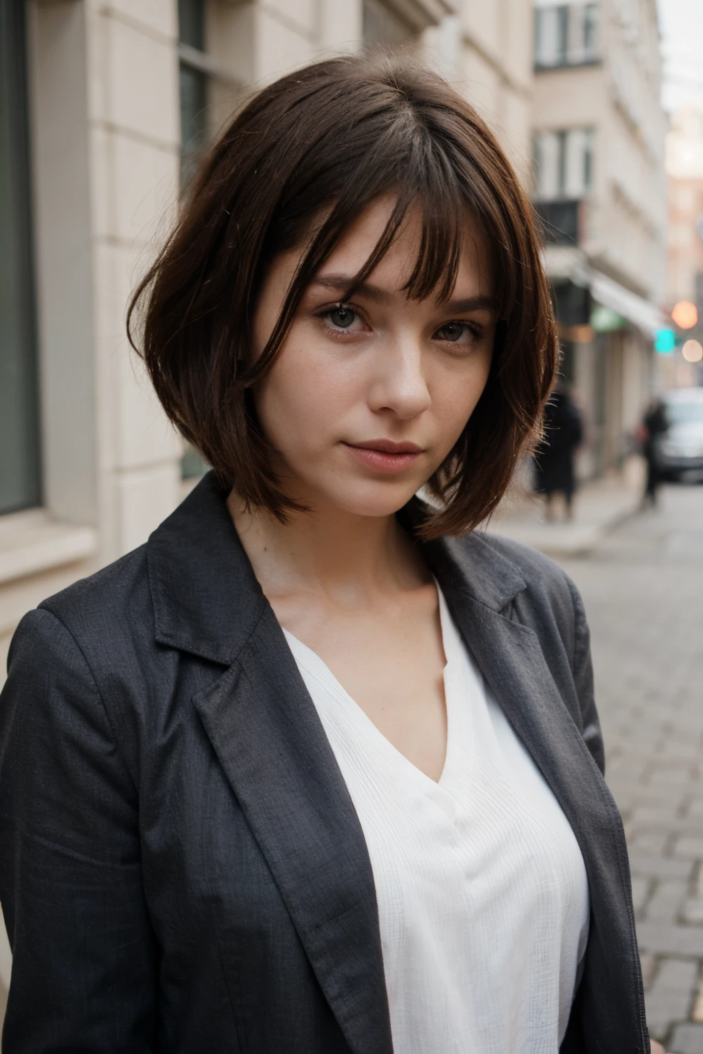 Side Closeup Casual photo of 35 years old fashionable Russian woman with Bob haircut in minimalistic coat