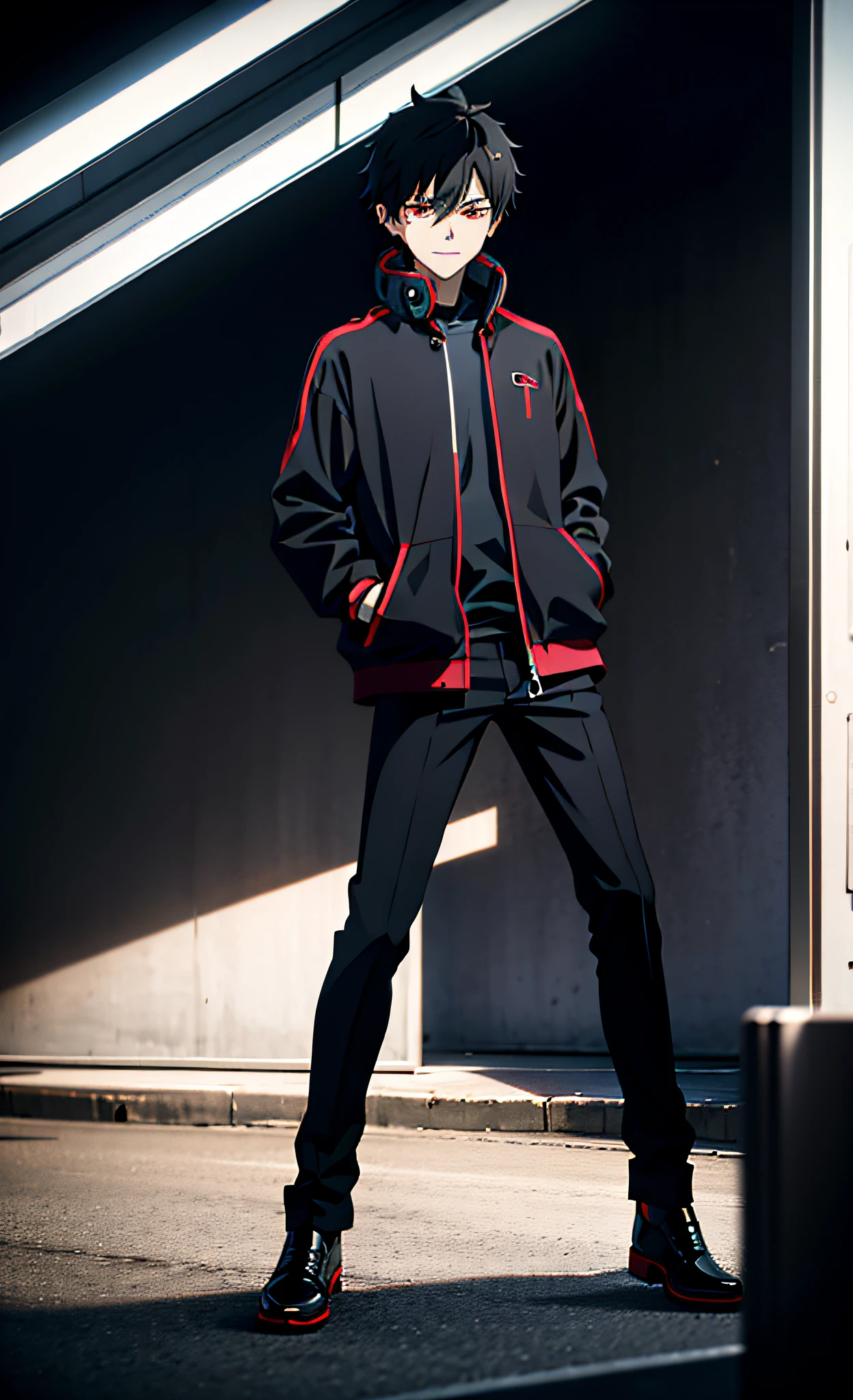 anime boy, , stylish black short hair, city lights background, hands in pocket, stylish black jacket, stylish black pants, stylish black shoes, stylish glowing headphones, red eyes, smirking expression, listening to music