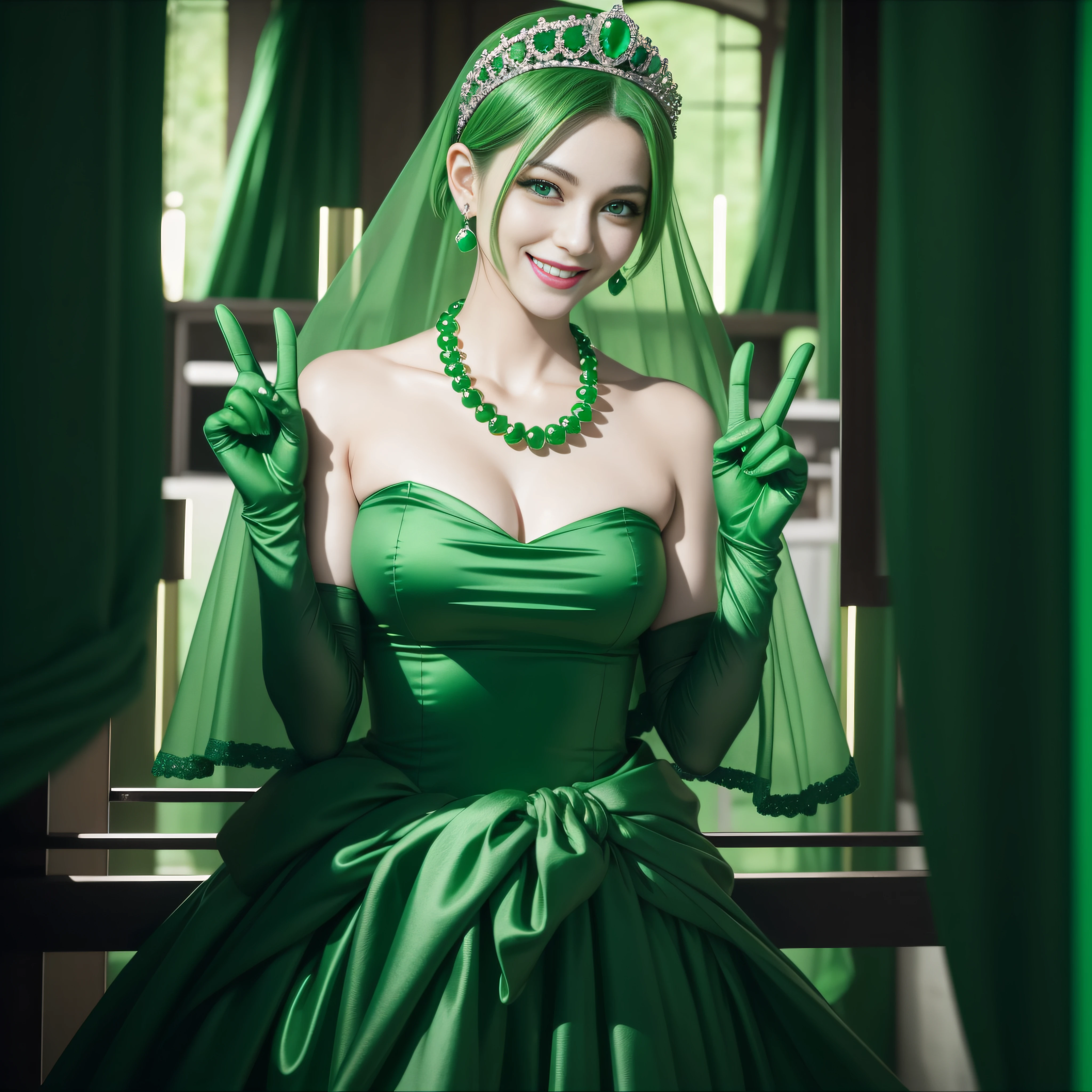 emerald tiara, Green Pearl Necklace, Boyish very short green hair, lipsticks, Japan woman smiling, very short short hair, big breasts beautiful, Green eyes, Long green gloves made of satin material, Green eyes, v sign,V-sign with both hands, Emerald Earrings, Green hair