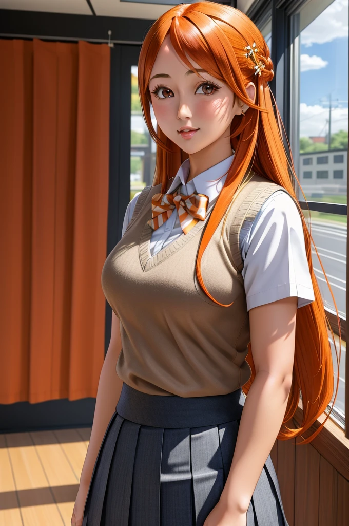 masterpiece, best quality, ultra-detailed, kawaii, cute, lovely, sexy, ero, extremely detailed, 4K, 8K, best quality, beautiful, anime style, school, a cute girl, 1girl, solo, school uniform, beautiful yellow hair, beautiful orange eyes, beautiful eyes, large breast, smile, Upper body, Focus on the face,
