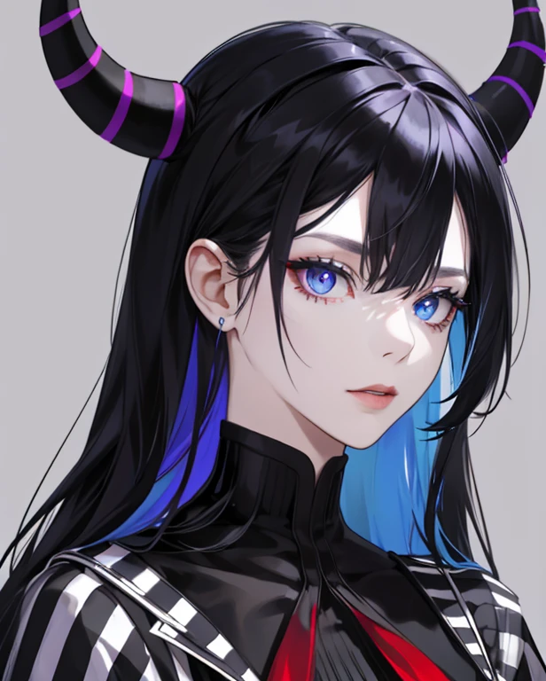 A headshot of a white female. Long black hair. Dark purple horns on the top of her head. Cerulean colored eyes. Black striped markings around eyes. Wearing a crimson red dress.