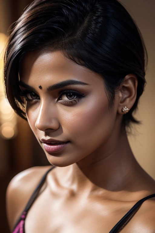 [[Silver Pixie hair cut]] Portrait of most beautiful and attractive Indian woman in her 30s as a beautiful female model, beautiful face, dramatic lighting, trending on art-station, portrait, digital art, modern, sleek, highly detailed, formal, determined, pink liner lipstick, soft lips, black eyes, happy,
