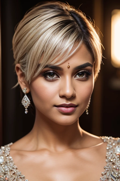 [[Silver Pixie hair cut]] Portrait of most beautiful and attractive Indian woman in her 30s as a beautiful female model, beautiful face, dramatic lighting, trending on art-station, portrait, digital art, modern, sleek, highly detailed, formal, determined, pink liner lipstick, soft lips, black eyes, happy,