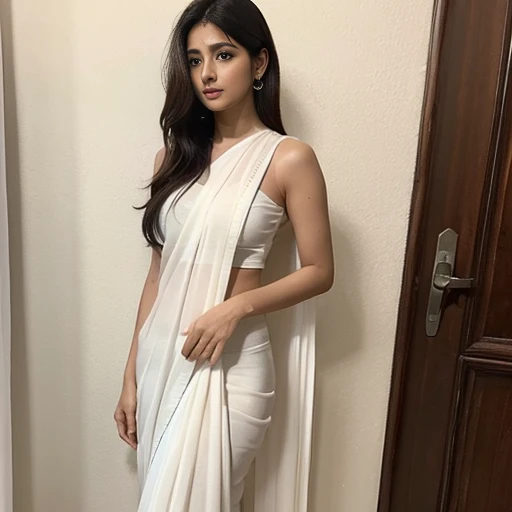 a woman in a white sari posing for a picture, featured on instagram, seductive, angular, , hot, sexy