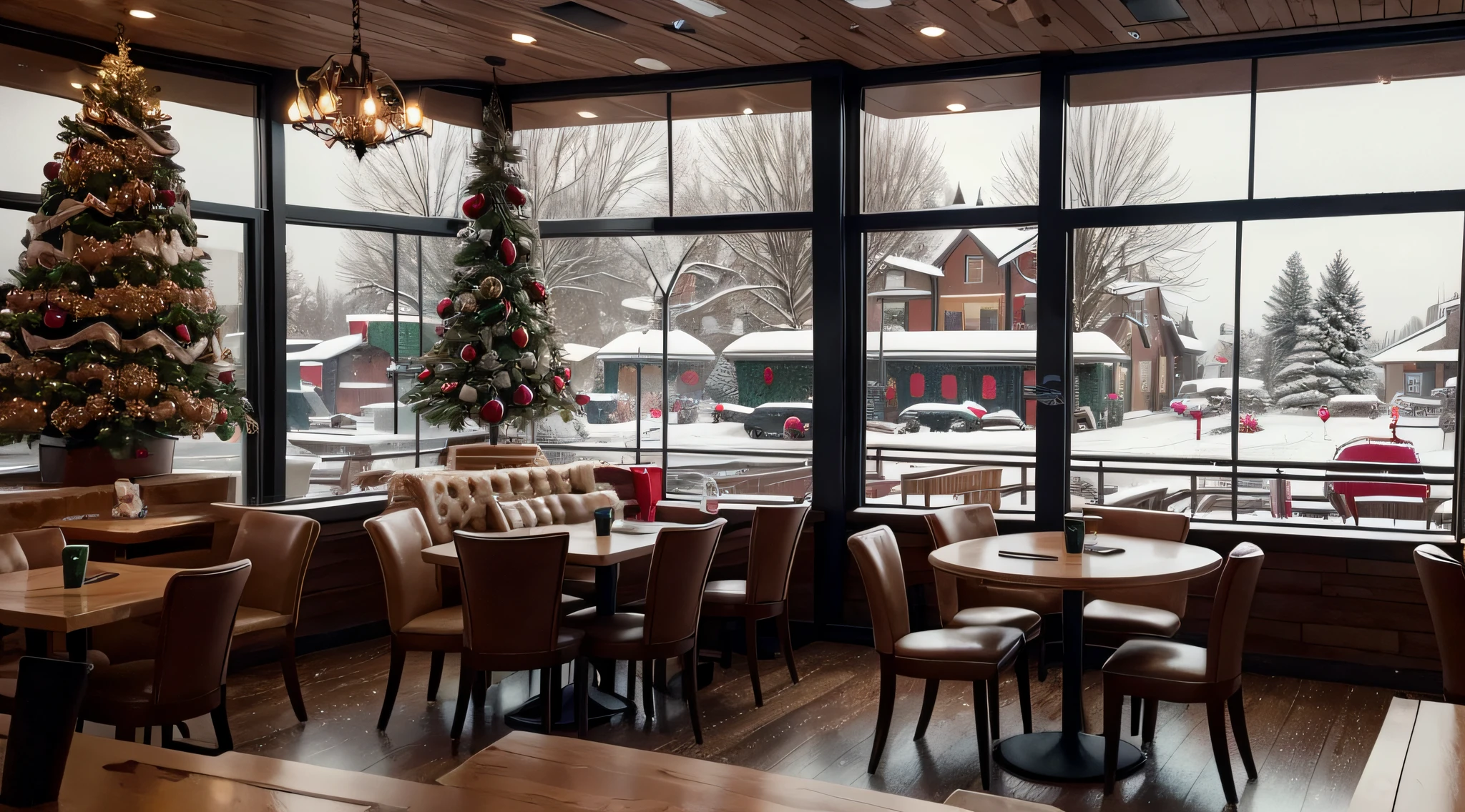 realistic starbucks cafe, decorated with Christmas motives, a hot coffee in a table, big windows and is snowing outside, Ultra HD, 4K