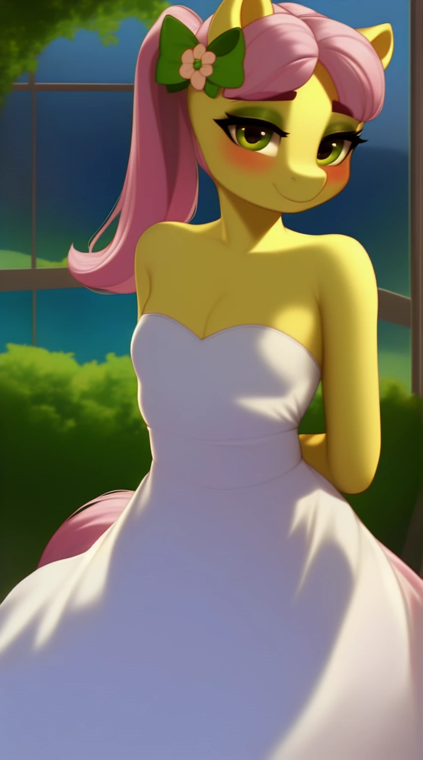 (score_9), (source_pony), (solo), (earth pony), ((anthro posey bloom:1.1)), (strapless white dress), sexy, blushing, seductive look, bedroom eyes, anatomically correct, night garden, flat chest, half body, arms behind back, anime art style, solo, hourglass figure, curvy, thick thighs, plump body, young, short, chubby, cute, high res, facing straight at viewer,