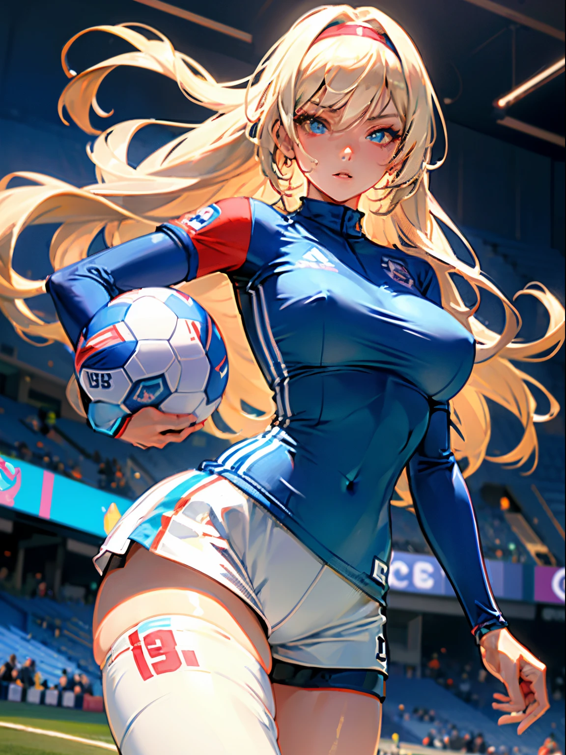 (Best Quality, masutepiece),ultra detailed photographic,1girl in, Female soccer athlete ,Large breasts,nice legs,shoot a ball,At the soccer venue,Detailed beautiful face,Beautiful eyes,detailed hairs,detailed clothes,Detailed realistic skin,cool,Dynamic Angle,