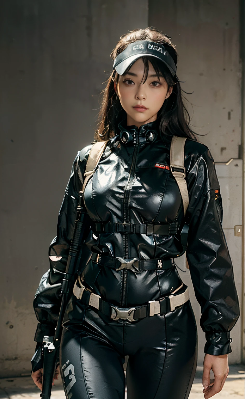 Highest image quality, outstanding details, ultra-high resolution, (realism: 1.4), (cowboy shot, from front, looking at another), highly condensed 1lady, delicate and beautiful face, big waist:0.7, thick thigh:0.7, perfect proportion, (chubby:0.65), ((holding a combat knighf)), short hair, captain, (wearing racing suit likes police uniform, black and gray mecha, wearing a visor, military harness, grenades, carrying a machinegun with both hands), background simple grey wall,