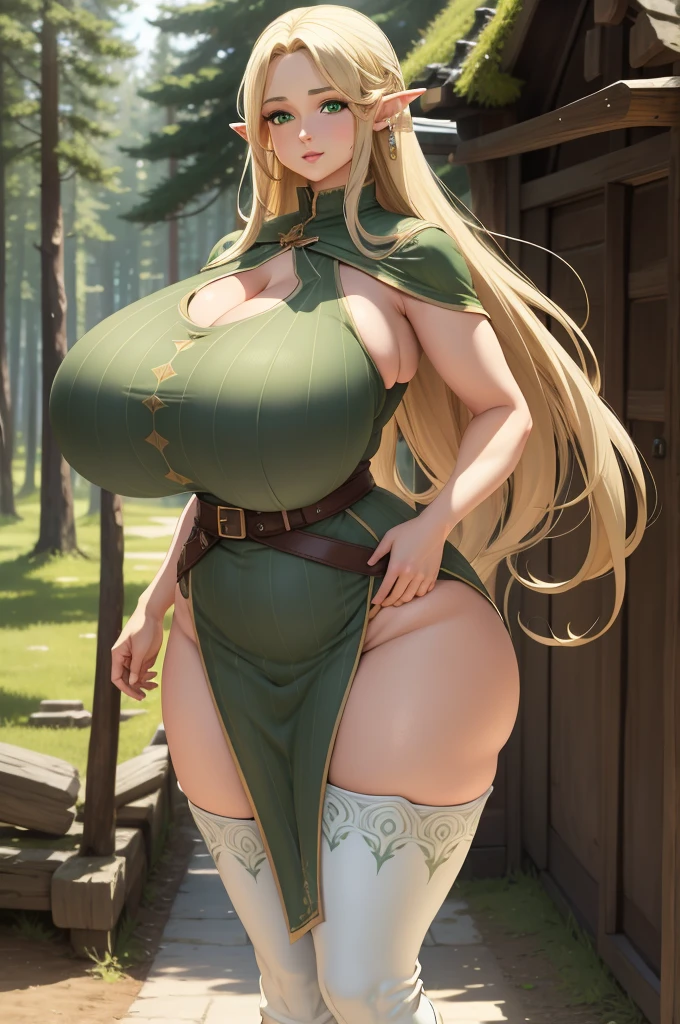 Ultra Quality, Masterpiece,Ethereal,Ultra-Detailed,8K,(Gigantic Breasts: 1.6),(Disproportional Tits: 1.5),Absurdres,Realism,Realisitc,\(Detailed Beautiful Mature Face\),\(Hyper-Detailed Green Eyes\),Long Blonde Hair,(Solo:1.4), 1Girl, (Standing:1.2), Elf:, Pointy Ears,Deep Cleavage,(Curvy: 1.4),Milf,Bimbo,Wide hips,Big Ass,dressed like an elf ranger in ill fitting clothing,(thigh high white boots),Nature, Forest,venusbody,[[[intricate-perfect-fingers-on-hands]]]