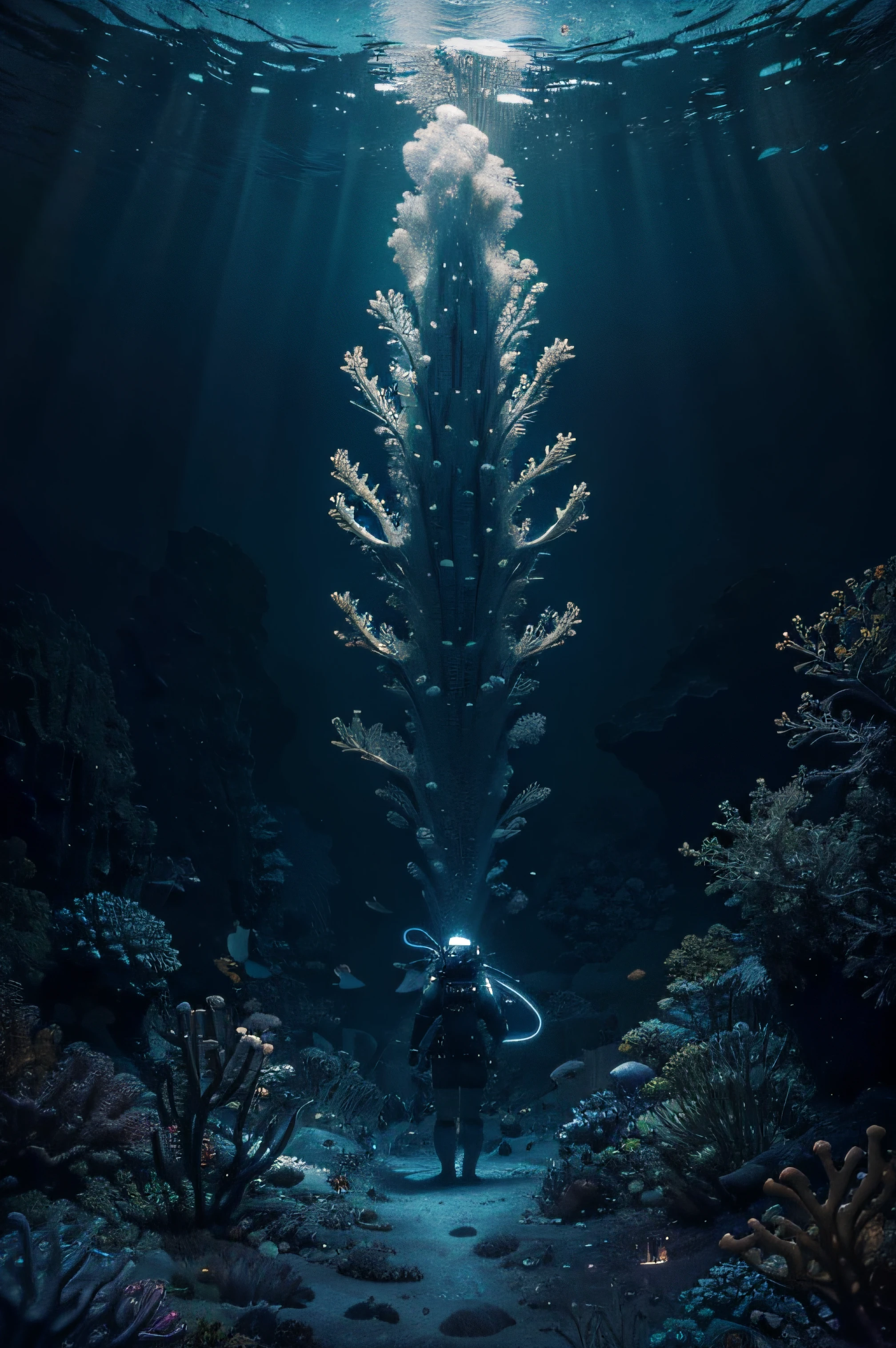 best quality,4k,8k,Altas,master part:1.2,ultra-detalhado,Realistic:1.37,astronauta,mar profundo,underwater,Fato de mergulho,exploration,astronomia,maritime exploration,Misterioso,Vida marinha,colorful shipwreck,Recifes,Polvo Gigante,cativante,Fascinante,Sobrenatural,aventura,majestoso,profundezas inexploradas,submerso,Ocean Wonders,Abismo escuro,Water world,Ethereal,perdidos no tempo,azul meia-noite,estrelas cintilantes,Inspirador,vivid colors,criaturas bioluminescentes,Tesouros escondidos,Alien Environment,sereno,cosmic beauty
