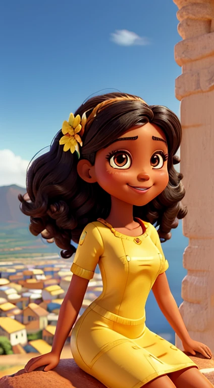 detailed illustration of a cheerful woman, morena, negra, cabelos cacheados castanhos, usando vestido amarelo, sitting on Vesuvio in Ilhéus Bahia, disney channel pixar illustration style