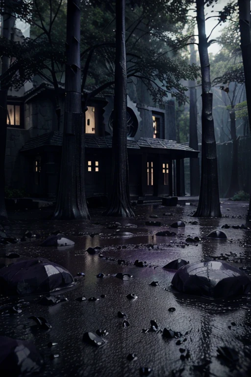 3D Dark purple forest, dark purple-black clay on the ground, iodine, dark rocks, rains, night, depth, puddles of water, gooey alien tree, jagged floor, strange alien leaves, black exterior rock hexagonal stone house between alien trees fiction, dark night