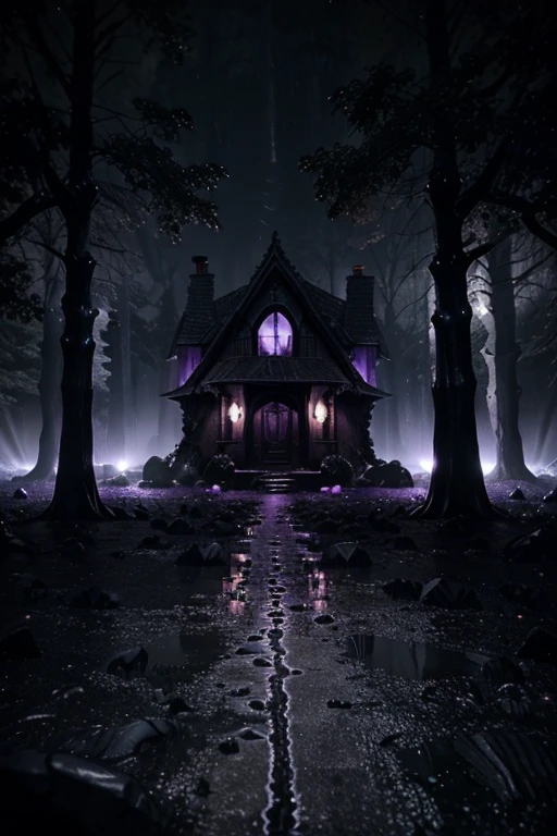 3D Dark purple forest, dark purple-black clay on the ground, iodine, dark rocks, rains, night, depth, puddles of water, gooey alien tree, jagged floor, strange alien leaves, black exterior rock hexagonal stone house between alien trees fiction, dark night