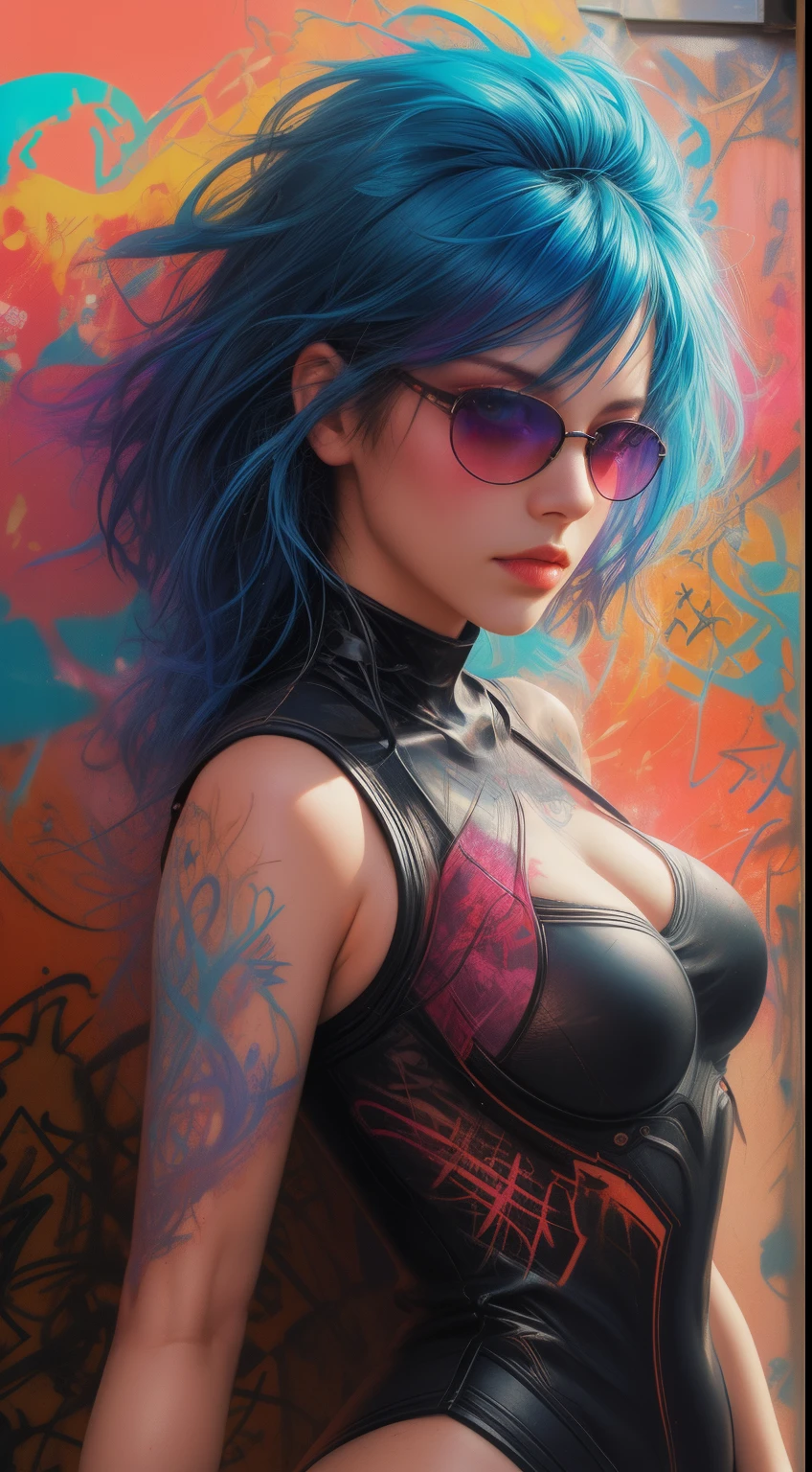 close up, full color painting of standing cyberpunk girl, sunglasses, high heel shoes, perfect hourglass figure, perfect huge tits, (((Graffiti art) (by Carne Griffiths))), red wall background, insane details, intricate details, hyperdetailed, low contrast, soft cinematic light, dim colors, exposure blend, hdr, front, (neon light:1.4), upper body, detailed skin, detailed eyes, realistic eyes, 20 megapixel, canon eos r3, detailed skin, detailed face, (TungstenDispo:1.2), raw photo, portrait of a business woman, (style by Flora Borsi), bold, bright colours, blue Mohawk haircut, ((Flora Borsi)), dslr, dramatic lighting, high quality, film grain, Fujifilm XT3, (strong backlight:1.1), analog style (liminal space), by Syd Mead, by Andr Kertsz, by Tadao Ando