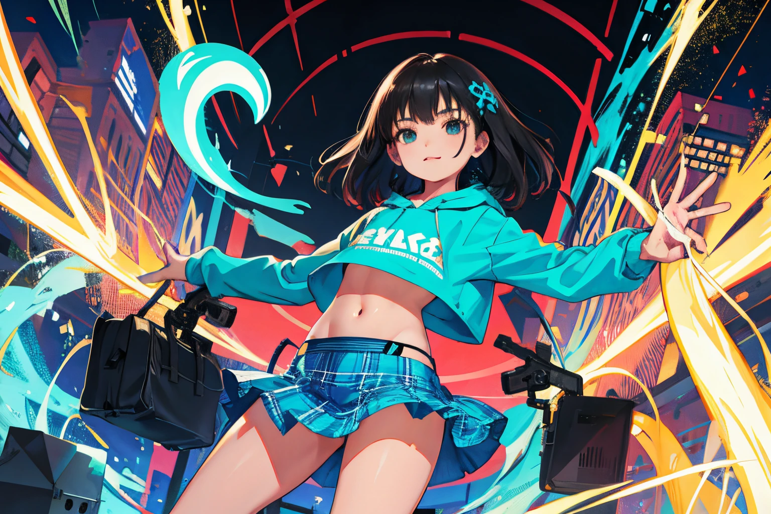 child，（​masterpiece，Highest Quality），turquoise thin hoodie，Crop Top Look，Plaid mini skirt，A dark-haired