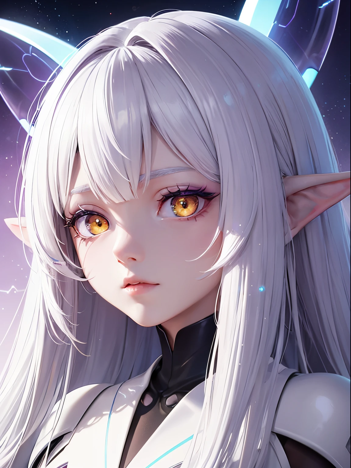 Sci-fi princess, elvish ears, alien antennas, yellow eyes, futuristic sci-fi white dress,purple skin, beautiful, petite, ,white hair, white facial markings under eyes, anime style,