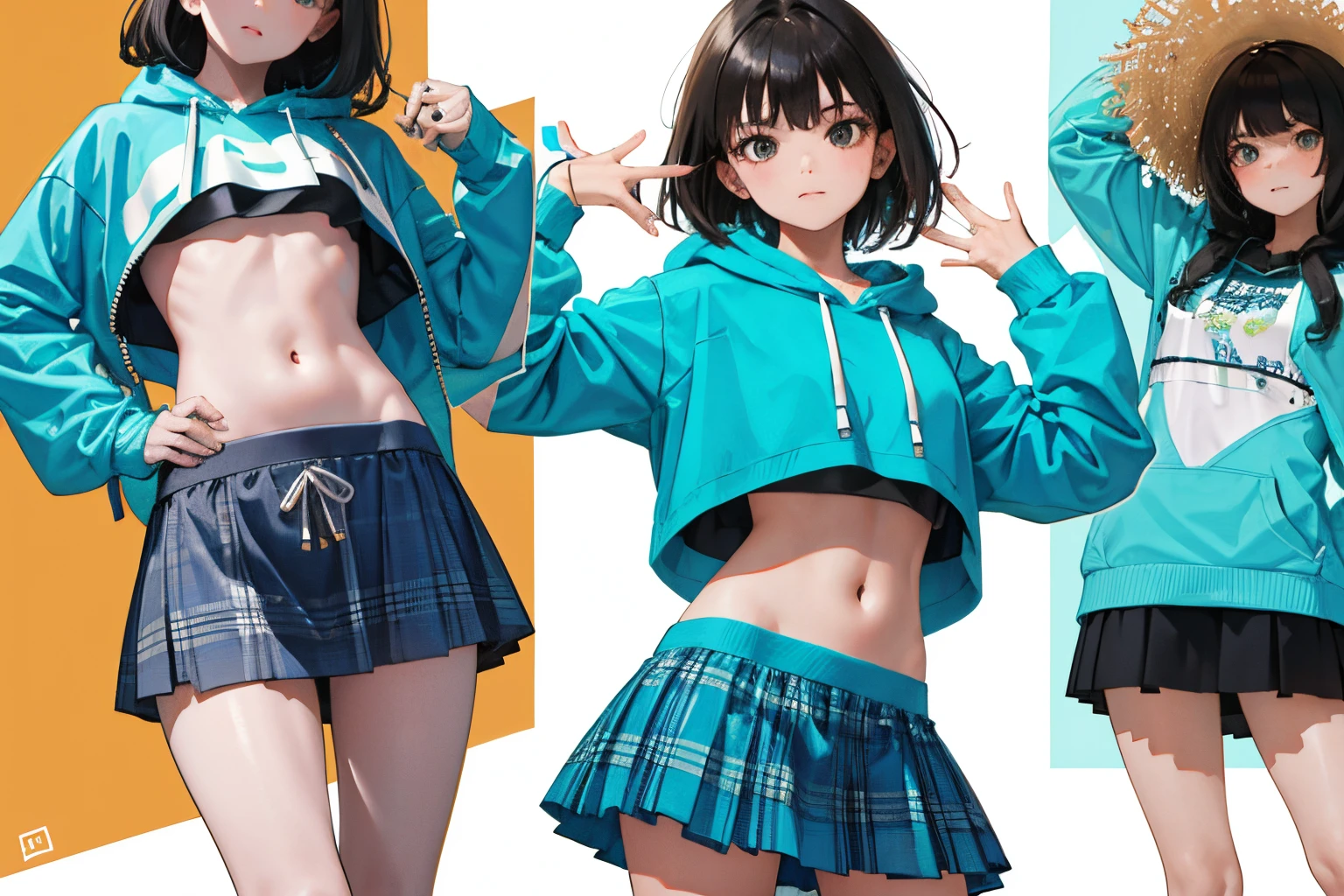 child，（​masterpiece，Highest Quality），turquoise thin hoodie，Crop Top Look，Plaid mini skirt，A dark-haired
