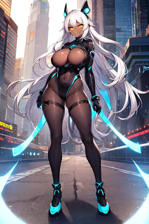 1girl, dark-skinned female, , large breastships, white hair, silver hair, grey hair, long hair, yellow eyes, smile, smirk, smug, pervert, bodysuit, black bodysuit, futuristic, tech, science-fiction, neon, neon trim, pantyhose, blantyhose, full bodfull body)),