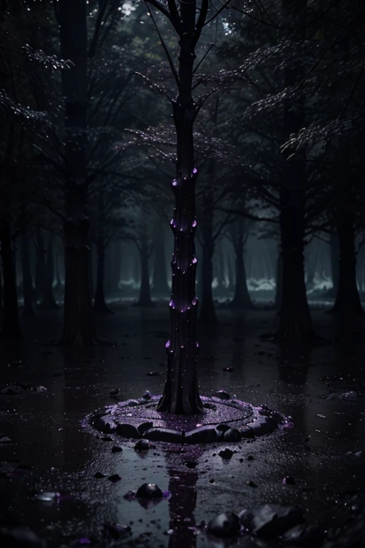 3D Dark purple forest, dark purple-black clay on the ground, iodine, dark rocks, rains, night, depth, puddles of water, gooey alien tree, jagged floor, strange alien leaves, black rock hexagona among depth several alien gooey trees, stone, dark night, rain