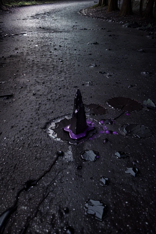3D Dark purple forest, dark purple-black clay on the ground, iodine, dark rocks, rains, night, depth, puddles of water, gooey alien tree, jagged floor, strange alien leaves, black rock hexagona among depth several alien gooey trees, stone, dark night, rain
